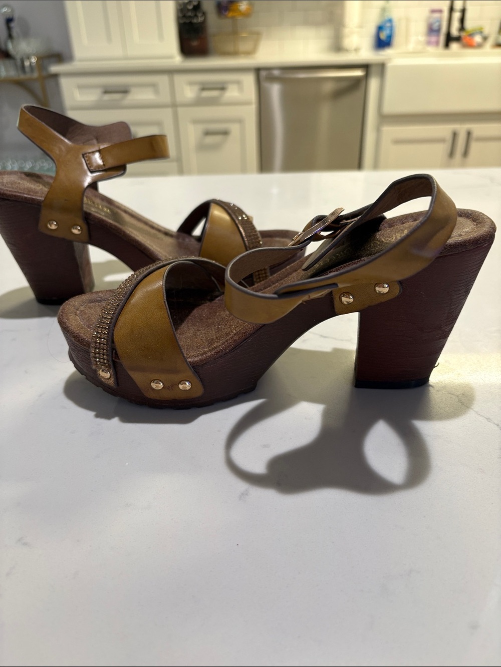 Nature Breeze Tan Wedge Sandals with Rhinestone Accent - Picture 3 of 6